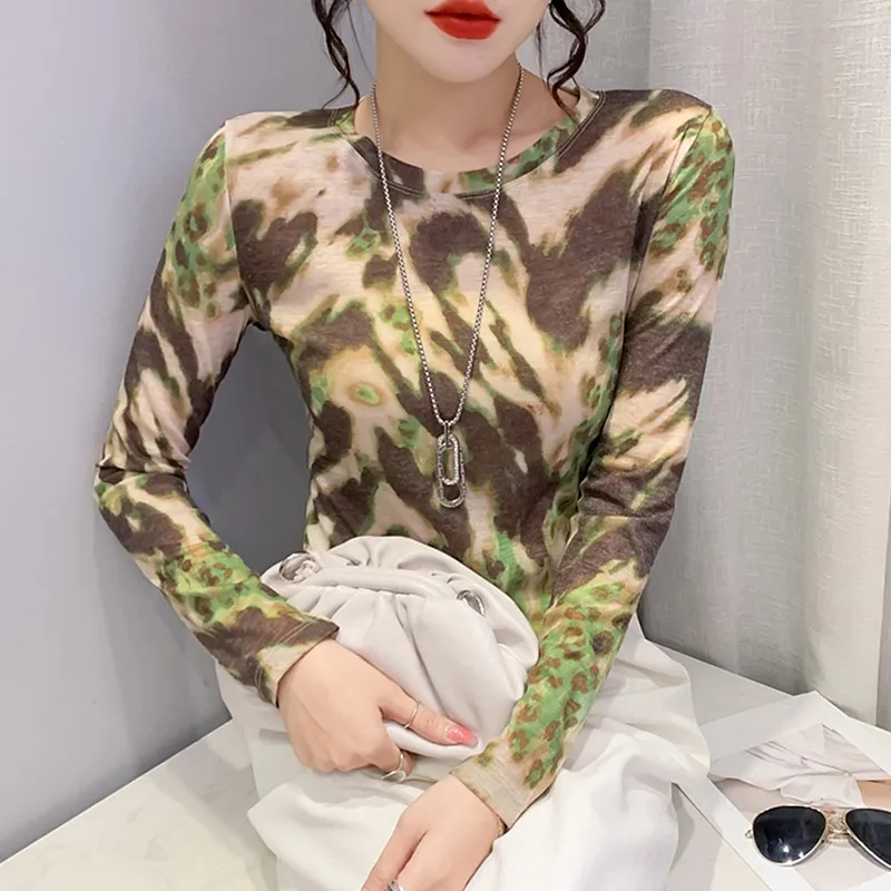 Faionable bedrukt lang Sve rond Ne T-shirt dames slim fit basis irt kleur Blo lente nieuwe Sle woon-werkverkeer Koreaanse Ve...