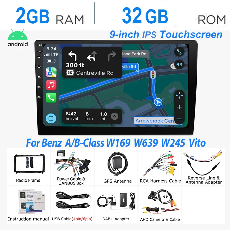 Autoradio ESSGOO Android 15 9 Inch 4+64G voor Mercedes Benz W169 W245 B200 W906 Sprinter W639 Vito met Draadloze CarPlay Android Auto GPS Navigatie Wifi RDS FM Bluetooth Stuurwielbediening Mirror Link