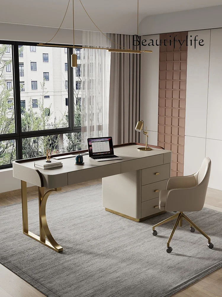 Light Luxury Minimalist Modern Solid Wood Desk Italian Saddle Leather Home Office Study Computer Desk