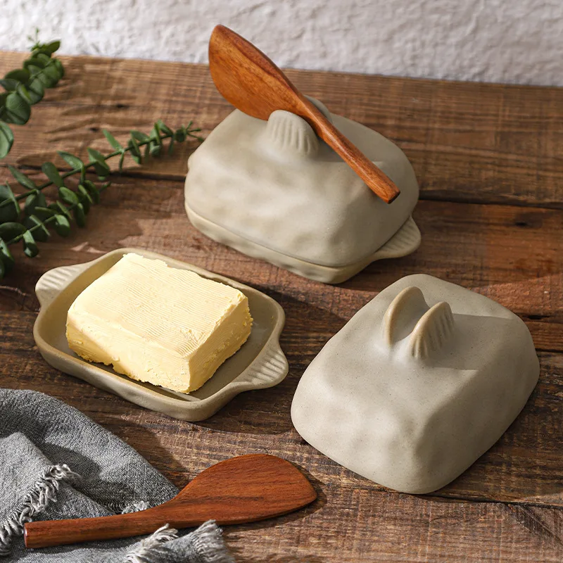 

Handmade Stoneware Butter Dish with Lid Creative Textured Ceramic Kitchen Butter Box