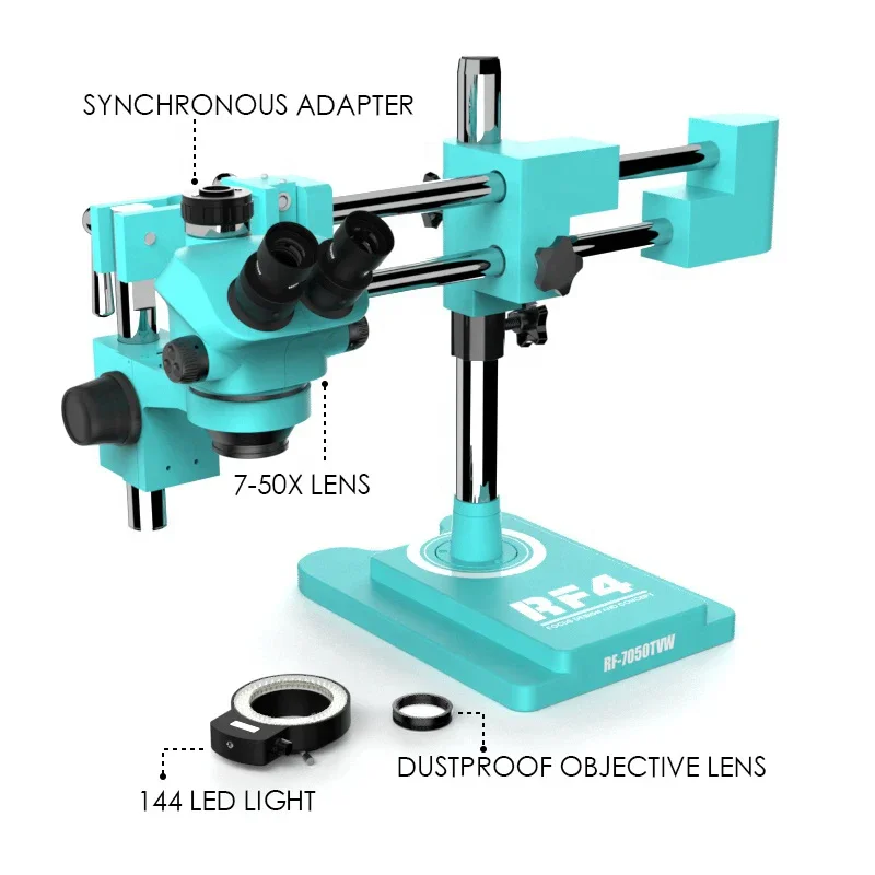 RF7050TVW 7-50X 360-degree Swiveling Double Boom Trinocular Microscope With Adjustable 10x/22mm Eyepieces For iPhone Repair Tool