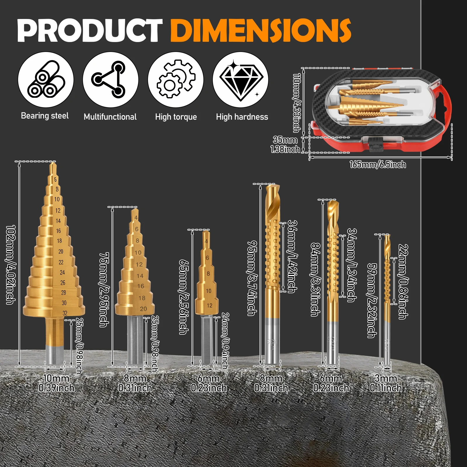 6Pc Serrated Step Drill Bit Bearing Steel Drilling Step Drill Bit Set Hole Opener and Reamer Set for Ladder Drilling Woodworking