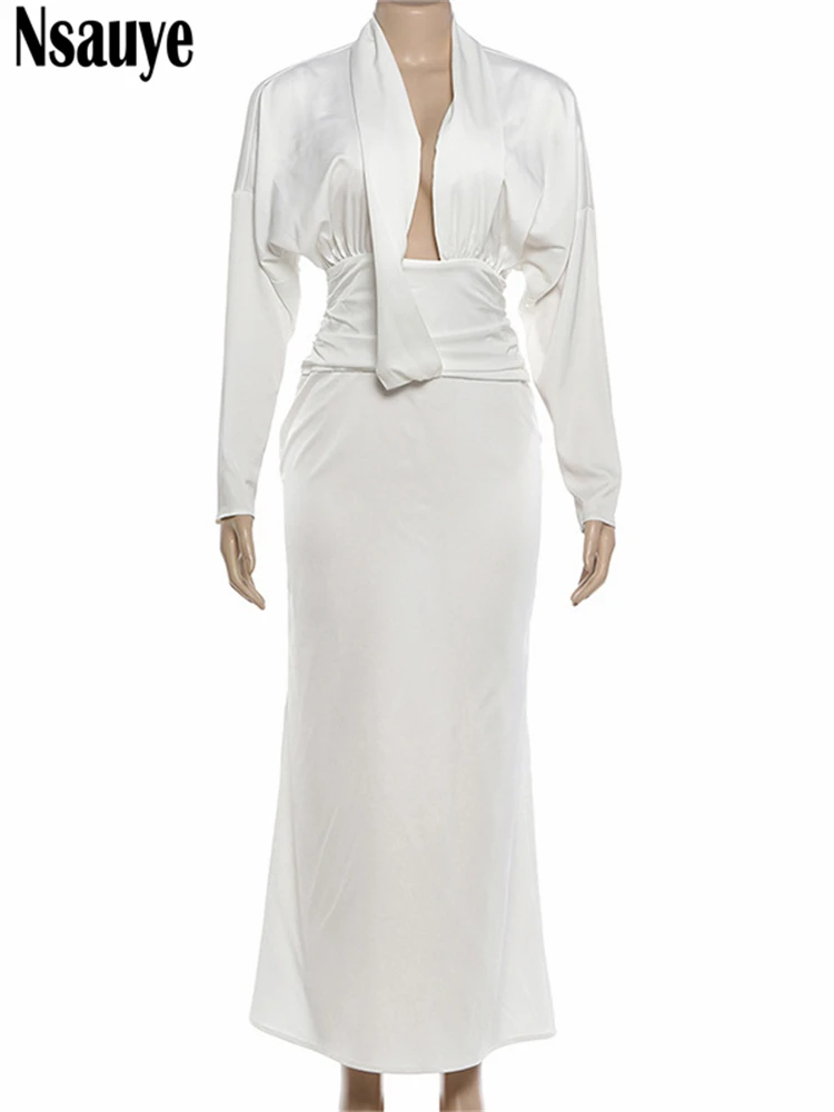 Nsauye 2026 Sexy Women Party Evening Elegant Dress Night Club Long Sleeve Low Cut Out Satin New Fashion Maxi V Neck Dress Outfit