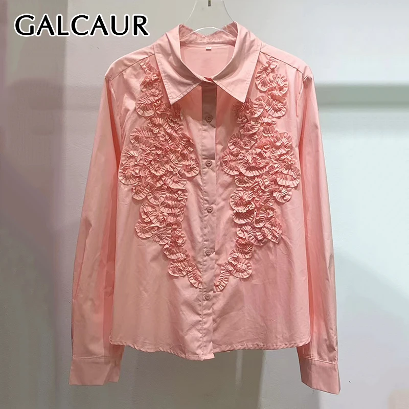 

GALCAUR Solid Slimming Spliced Single Breasted Blouses for Women Lapel Long Sleeves Patchwork Applique Fashion Top Female New