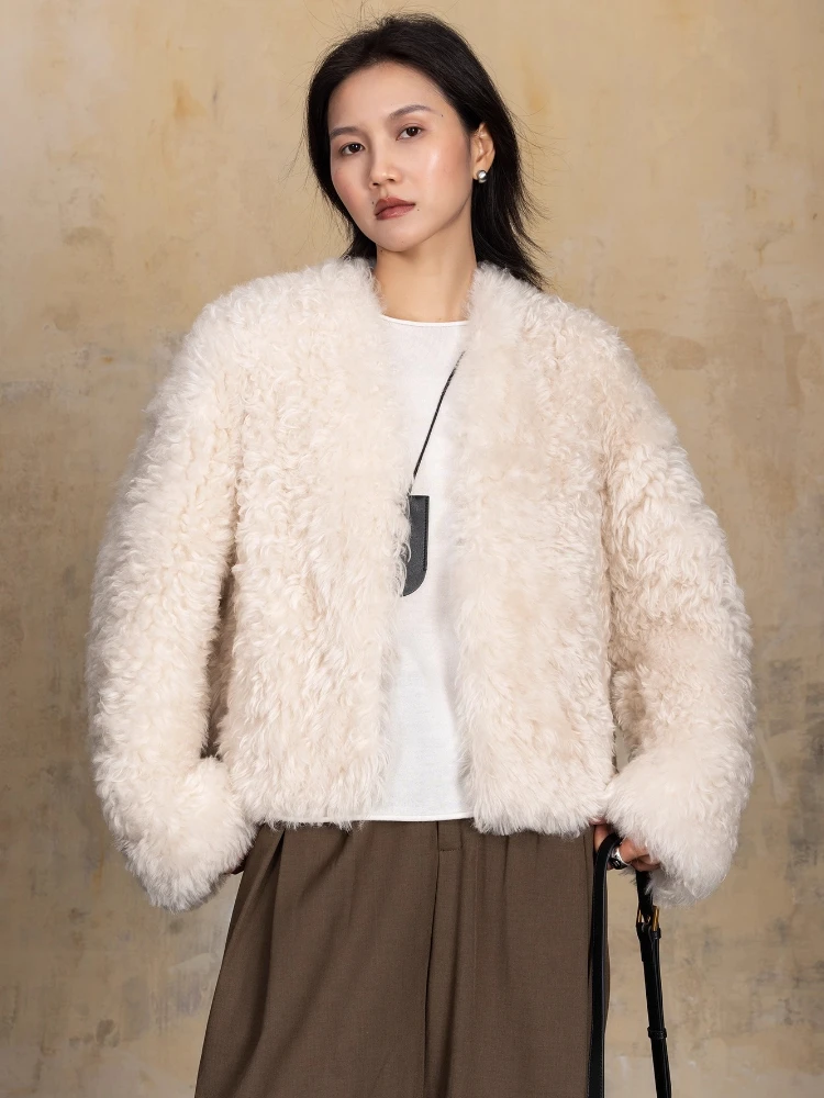

High-end Luxury Natural Lamb Fur Jackets for Women Autumn Winter 2026 Simple Elegant V-neck Short Genuine Leather Real Fur Coat