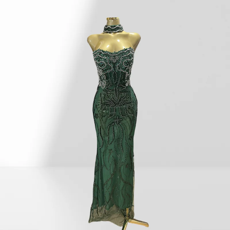 

Luxury Green Women Gown Dress Celebrity Birthday Vestido Sparkling Diamond Pearl Beading Sequin Embroidery Floor Length Dress