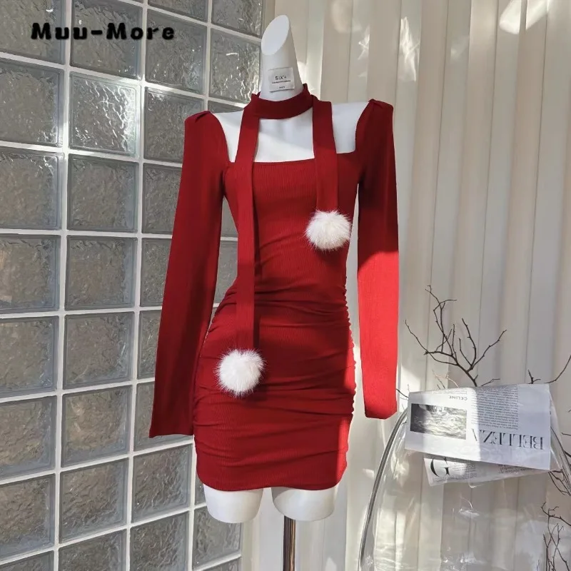 

Women Solid Color Square Collar Sexy Long Sleeve Sheath Mini Dresses 2023 Winter Female Clubwear High Waist Slim Fit Red Dress