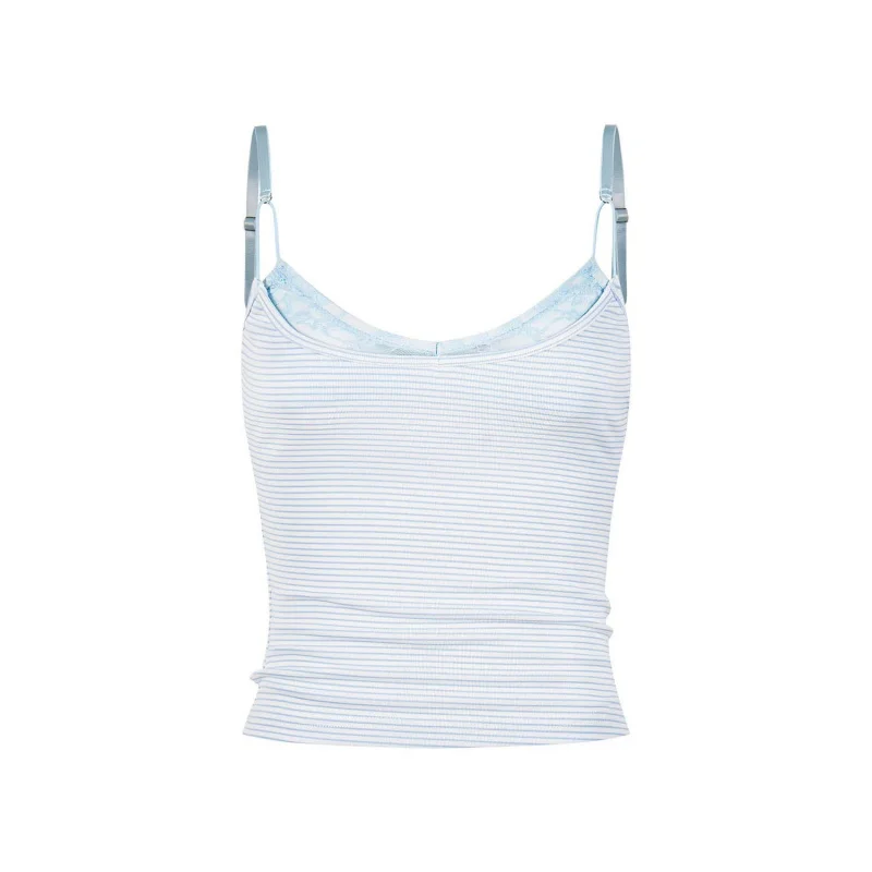 Syepa American-style fine striped tank top with side breast coverage, U-neck, color-blocking, layered faux two-piece design