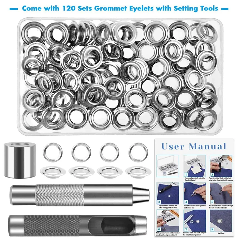 120 Sets Grommet Eyelets Tool Kit Grommet Kit 1/2 Inch Eyelets with Tools and Storage Box Silver