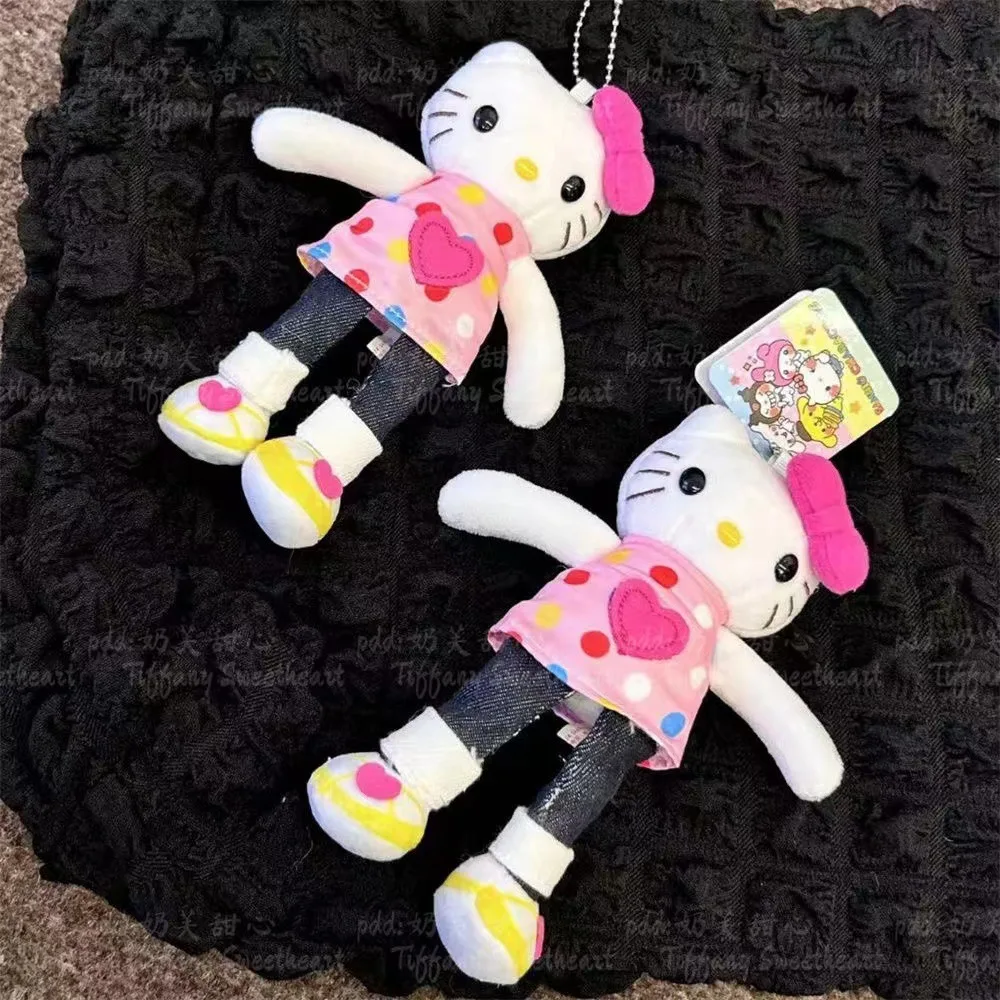 Sanrio Cartoon Long Legged Hello Kitty Keychain Polka Dot Denim Pants Hanging Figurine Backpack Accessory Small Doll Cute Gift