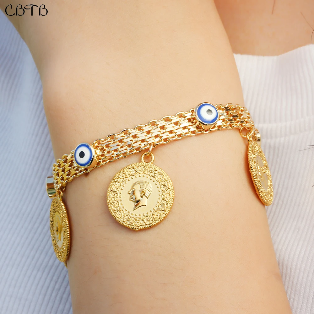 Lucky Blue Evil Eye Bracelet Jewelry 18k Real Gold Plated Portrait Coin Pendant Unisex Simple Chain Bracelets Wholesale Bulk