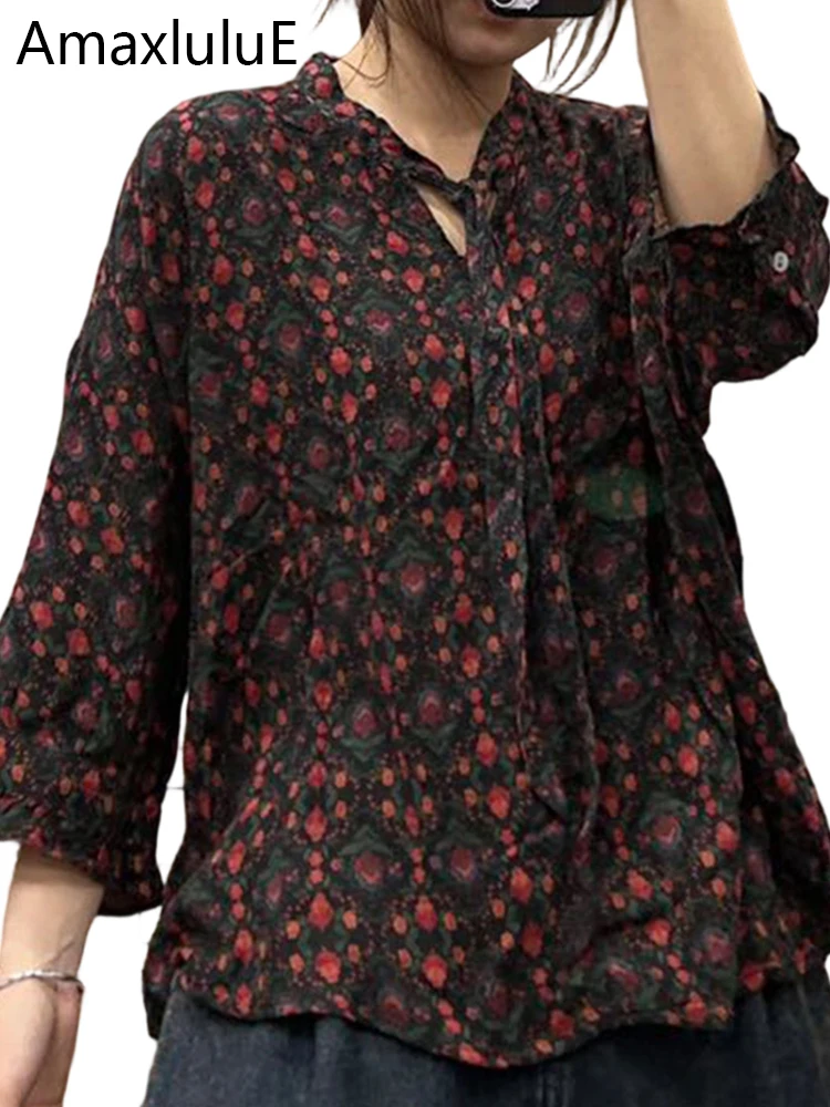 

Amax LuluE весенний модный дизайн, женские хлопковые льняные рубашки с цветочным принтом, свободные повседневные винтажные топы, 2026, женские классические блузки с принтом