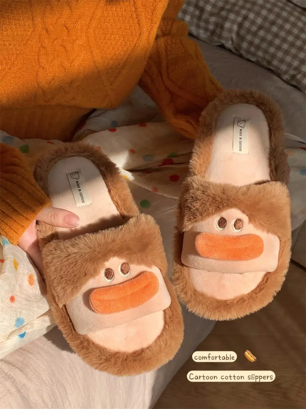 

Funny Sausage Mouth Hairy Fur Cotton Slippers Man Ins Comfortable Home Slippers Winter Warm One Word Cotton Slippers For Women