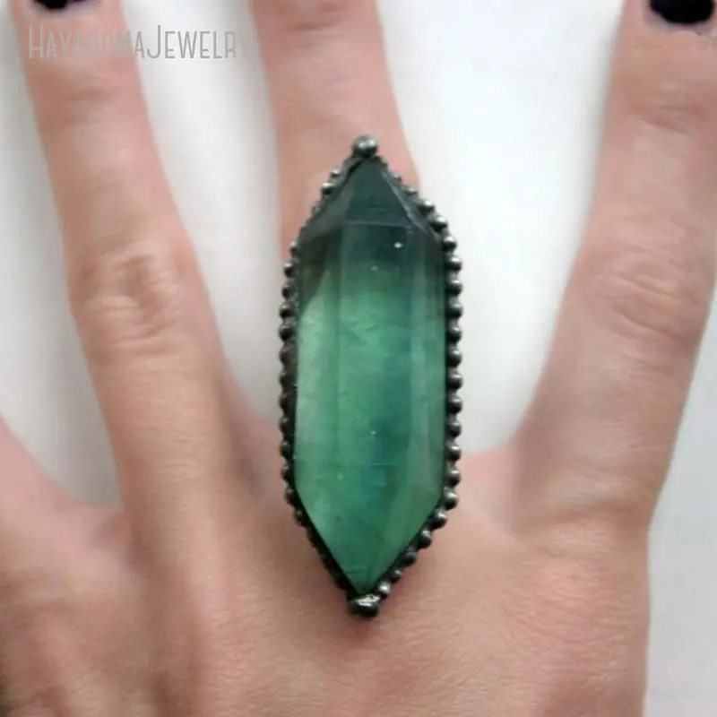 Emo Green Fluorite Crystal Double Point Cocktail Statement Halloween Stainless Steel Ring Women Gothic Goth  Jewelry