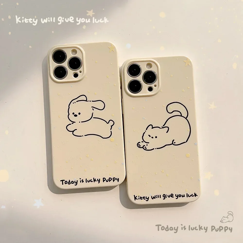 Retro puppy kitten funny good luck dog cat art Phone Case For iPhone 16 15 14 13 12 Pro Max 14 Plus Case Cute Cartoon Soft Cover