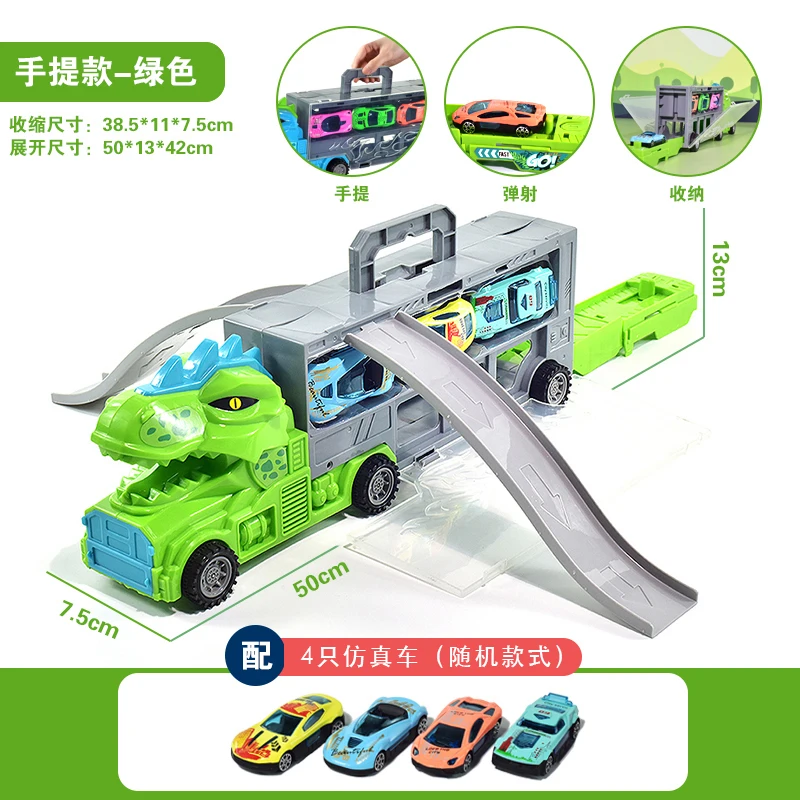 Dinosaur Cargo Truck with Launching Ramp - Transforming Play Vehicle for Kids, Includes 3 Alloy Cars, 2 Skateboards, and DIY