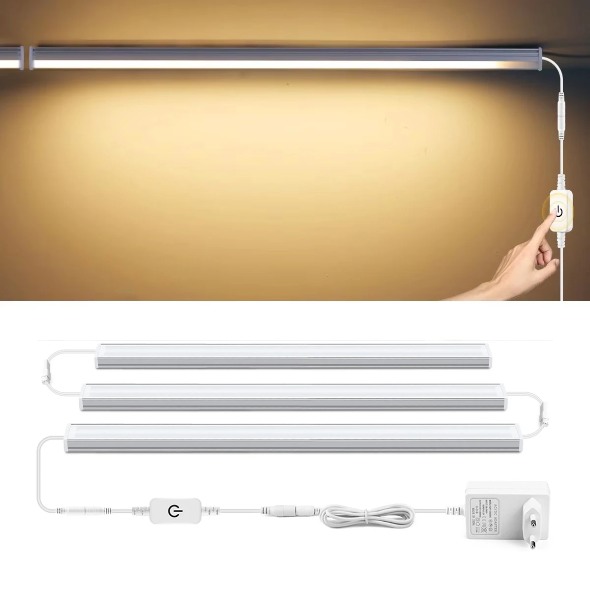 Touch Dimmable Aluminum LED Bar Lamp, 50cm 12V Series Connection Cabinet Tube Lamp With EU Power Plug, Kitchen Closet Lighting