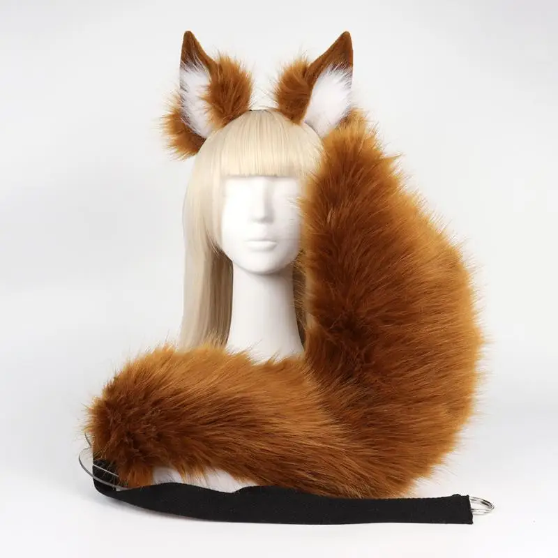 Pink Furry Fox Tail 70Cm Brown Animal Ears Cosplay Props Carnival Halloween Headwear Party Performance Costume Accessories