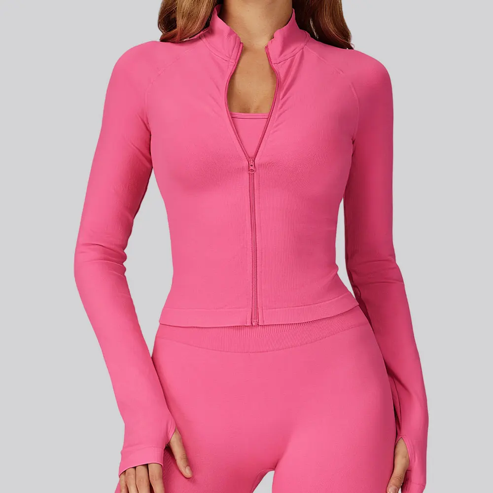 

Женская бесшовная куртка на молнии для йоги с длинными рукавами, топ для спортзала, куртка для йоги с эффектом пуш-ап, спортивное пальто для фитнеса, бега, тренировок, женские рубашки