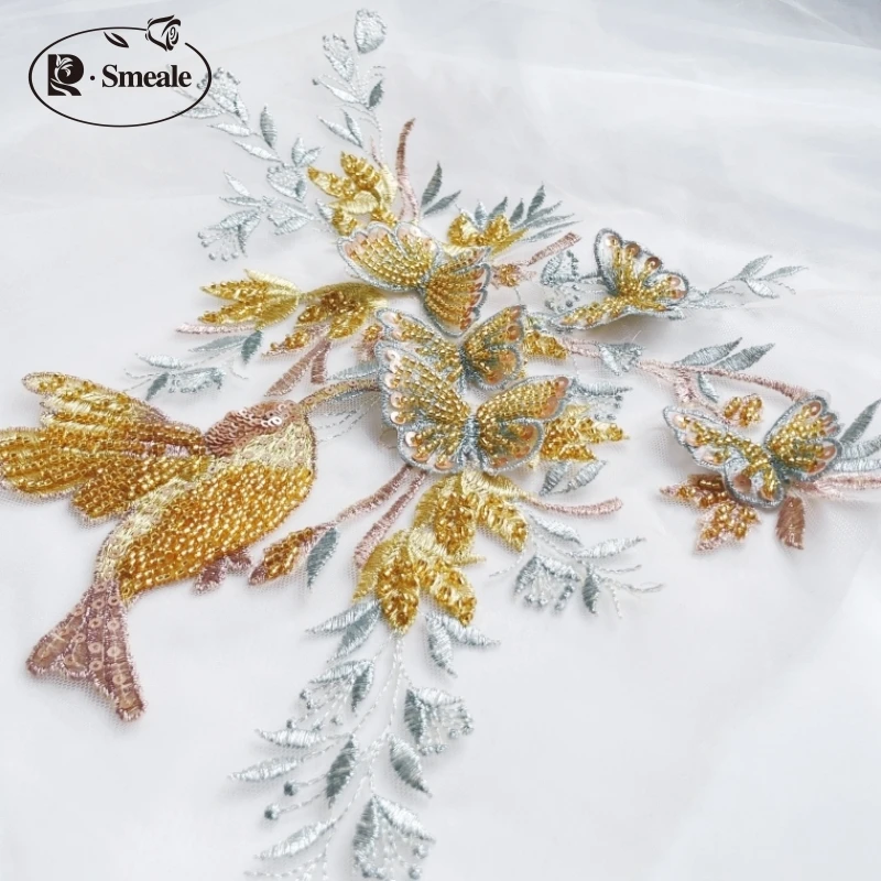 4 Farbe 31*24cm Vogel Schmetterling Zweig 3d Applikation Pailletten Rohr Perle Spitze Patch Kleid Kinder kleidung dekorative Blumen rs4228 – Detail 19