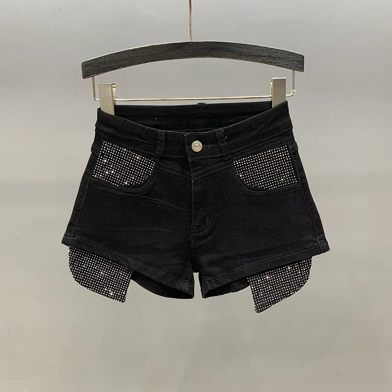 [Zoci] rosa Strass Denim Shorts Sommer 2024 Trend, Mädchen A-Linie elastische Slim Fit weites Bein Hot pants