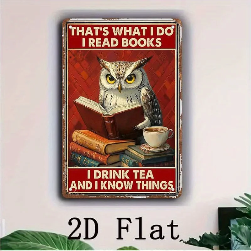 Décoration murale en métal 2D plate, 1 pièce, motif hibou vintage lisant des livres, avec la citation « C'est ce que je fais : je lis des livres, je bois du thé et je sais des choses »