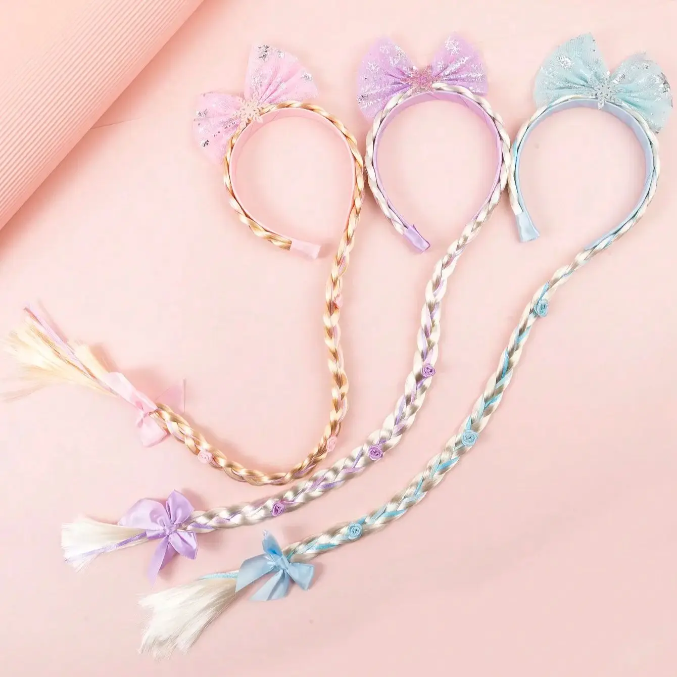 Qiyuan Love Princess Children's Hair Band Headwear Girls' Baby Wig Long Braid Princess Bow Hair Accessories