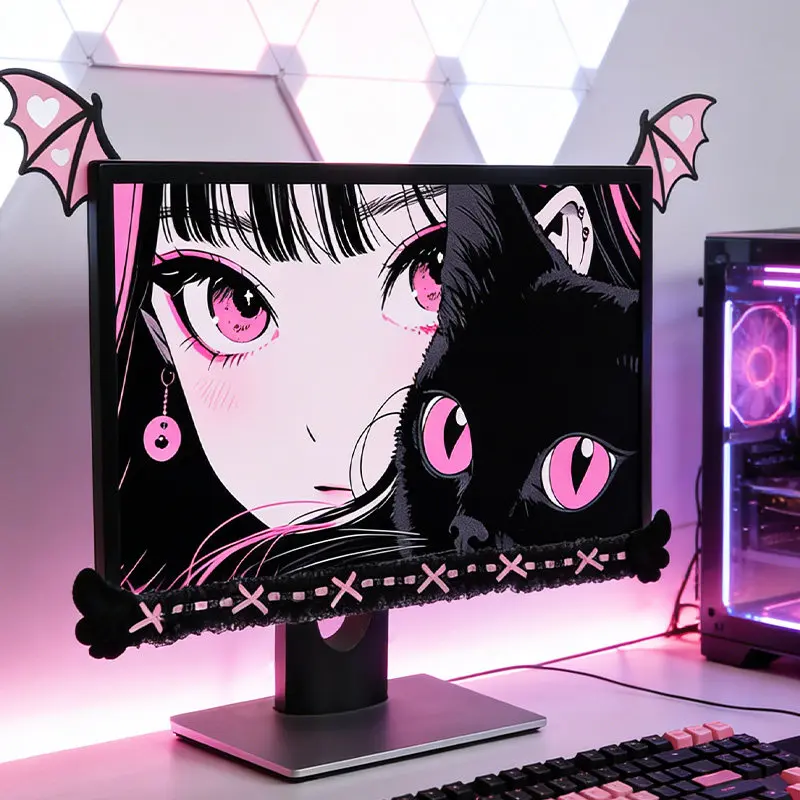 Custom QiaoQiaoMei Little Devil Monitor Bezel Sticker,Lace Trim Maiden Style,Gaming Desk Soft Decor,Removable Non-Residue Border