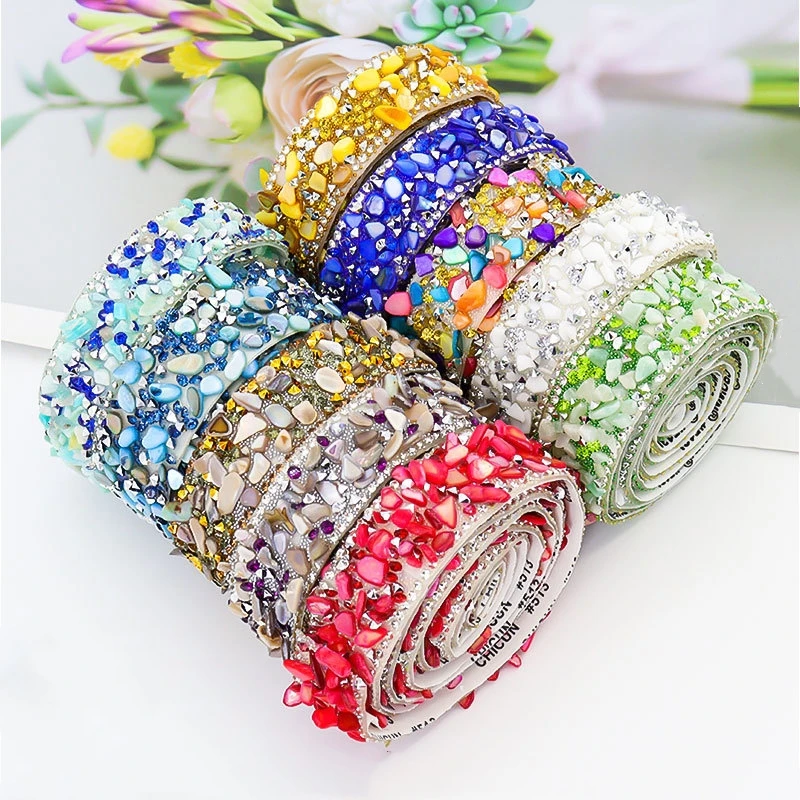 1 yard 2cm colorful crystal rhinestone trim self adhesive colorful stone diamond sewing drill tape DIY bridal dress phone decor