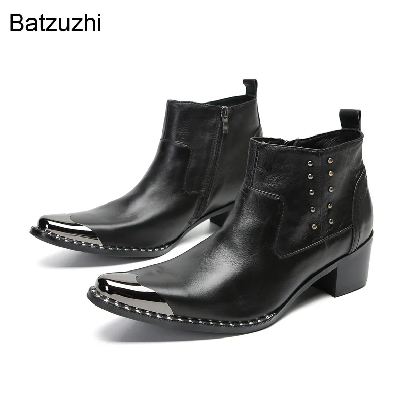 

Batzuzhi 6.5cm Heels Handmade Men's Boots Shoes Black Short Leather Boots Men Pointed Metal Tip Botas! Big Sizes US6-US12