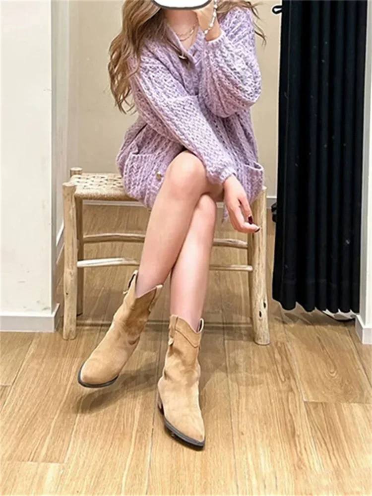 【Darmowy Prezent】 Sweter damski na jesień i zimę 2025, jasnofioletowy, ażurowy, z okrągłym dekoltem, dzianinowy kardigan