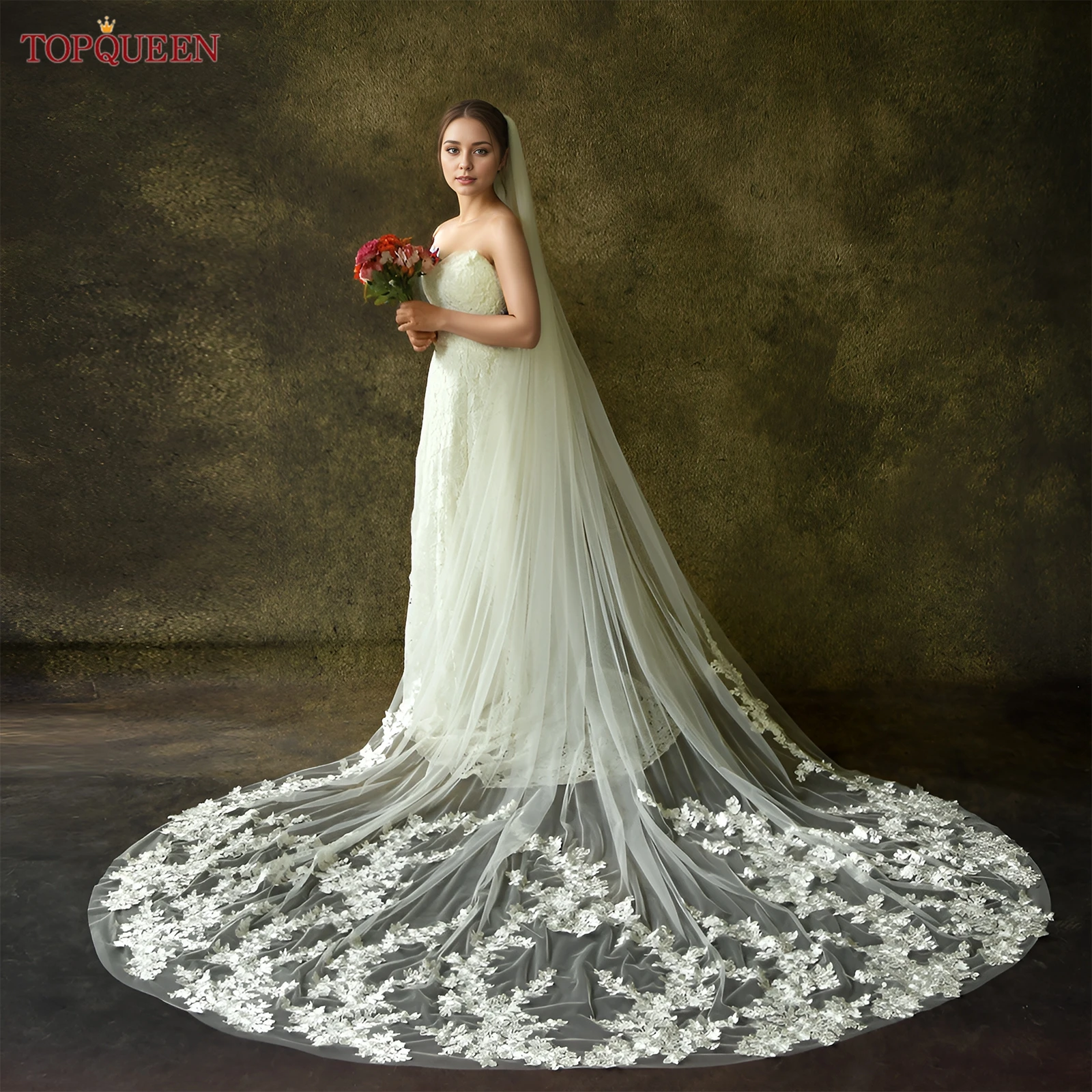 

TOPQUEEN V287 New Lace Wedding Veil Royal 3m Cathedral White Bridal Lace Veil Wedding Accessories With Comb Customizable