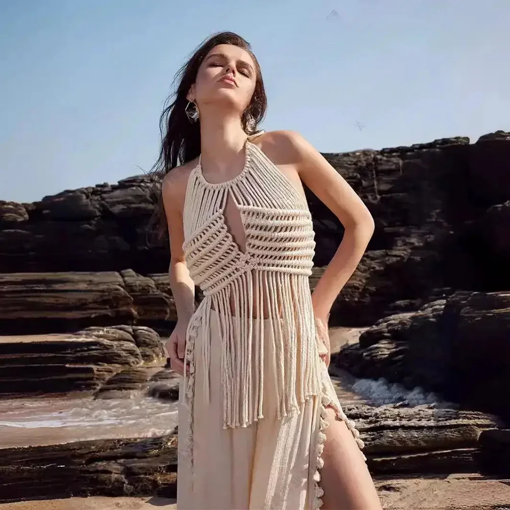 2025 Handmade Boho Crochet Beach Cover up Hollow Out Fringe Hem Caimsole Strappy Sexy Long Tassel Sleeveless Macrame Rope Top
