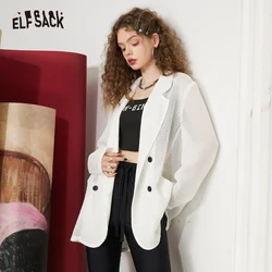 ELFSACK Lace Hollowed Out White Suit Jackets Women 2023 Spring New Casual Coats