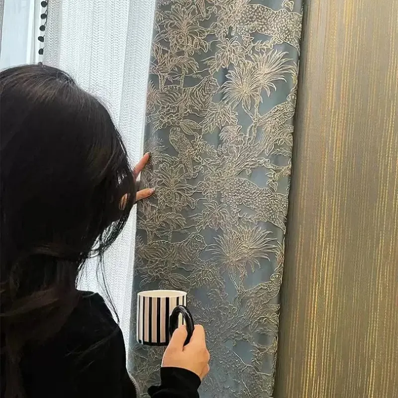 New Luxury Light Embossed Blackout Curtains for living room Bedroom and Study with Jacquard Fabric High Shading Ins Style Drapes
