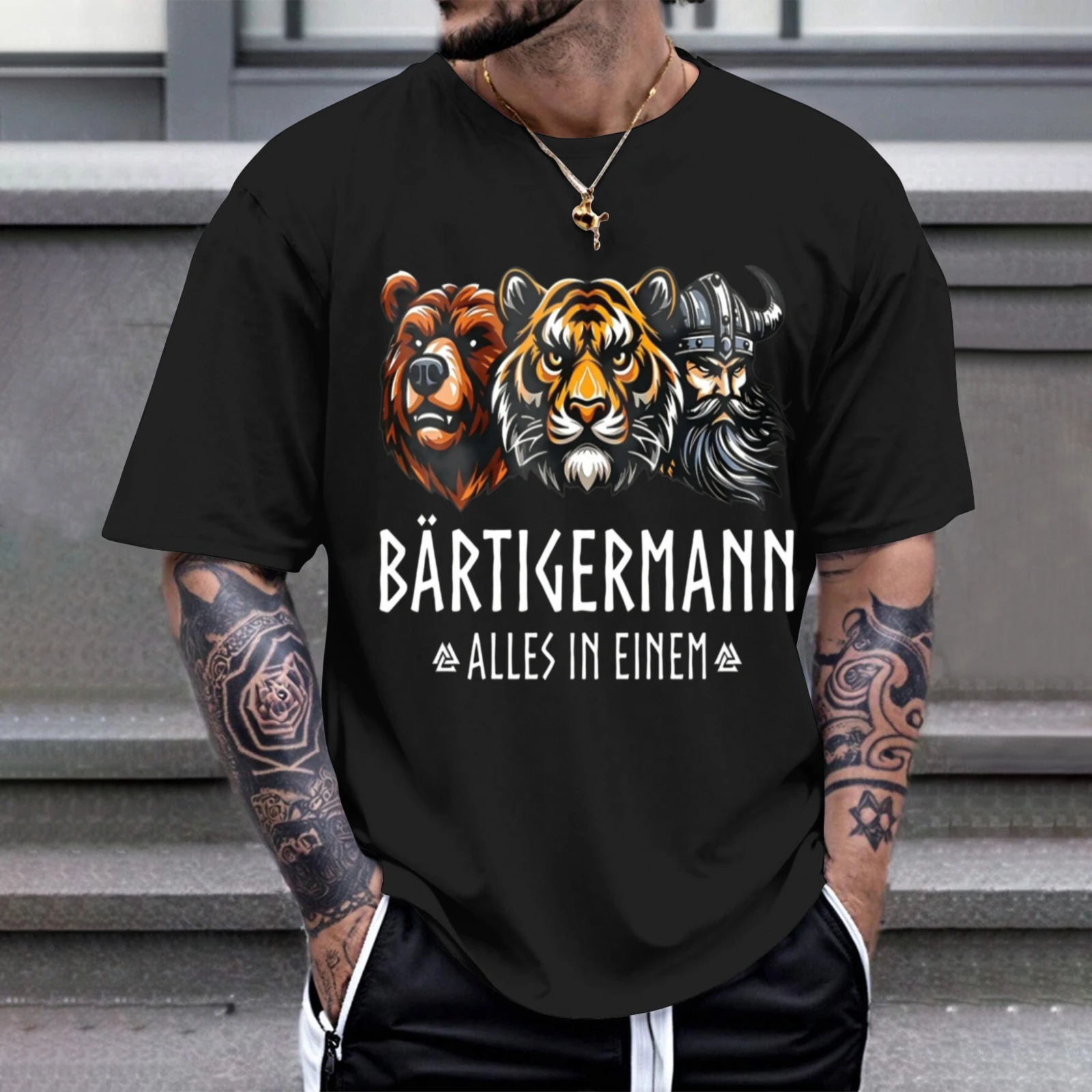 Herren-T-Shirt „Bear Tiger Viking Man All In One“, perfekt für Freizeitkleidung, Partys und Karneval-Outfits