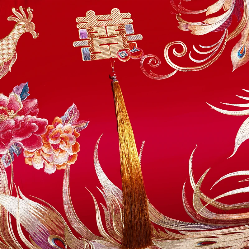 4/6/9Pcs Red Luxury Chinese Golden Dragon Phoenix Embroidery Wedding Bedding Set 100% Cotton Duvet Cover Bed Sheet Pillowcases