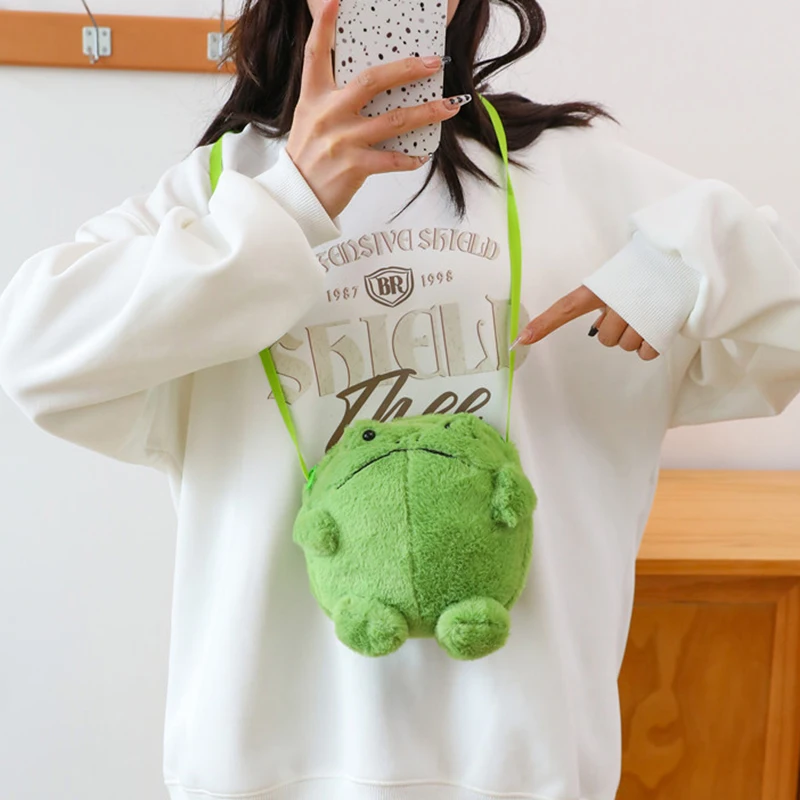 Cute Green Frog Shoulder Bag Plush Doll Crossbody Bag Casual Women Messenger Bag Decoration Bag Phone Coin Purse