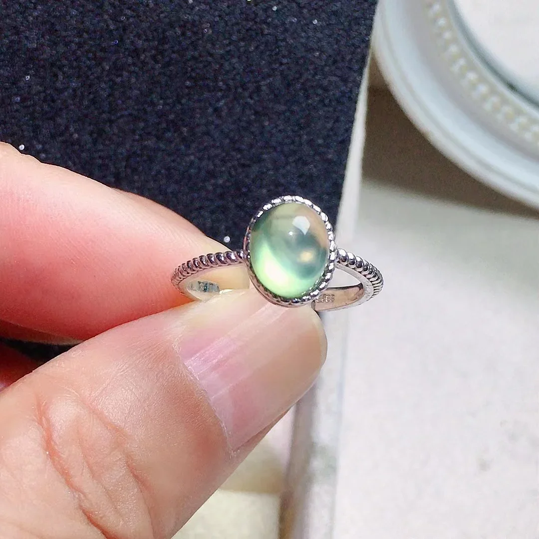

Fashion Silver Prehnite Ring 1ct 6mm*8mm Natural Prehnite Ring for Daily Wear Sterling 925 Silver Gemstone Jewelry