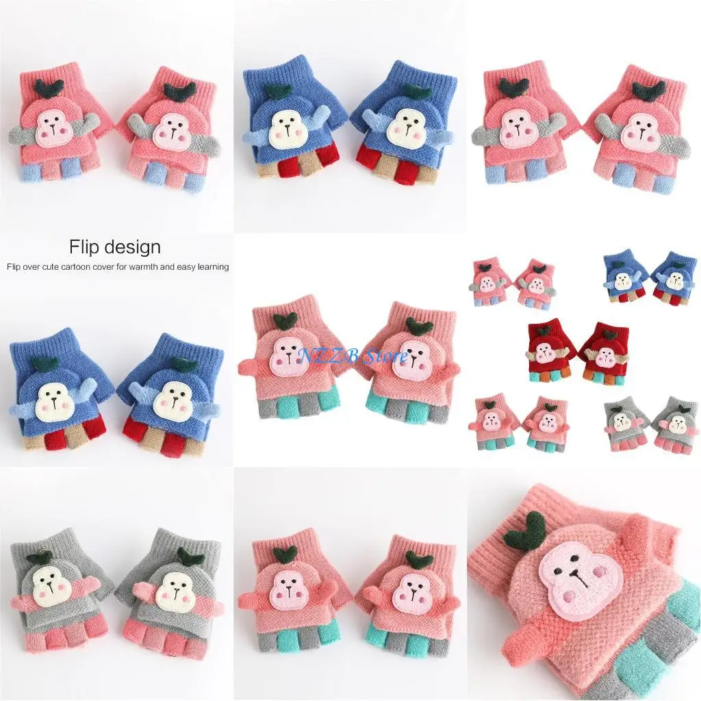 

T21F зимние теплые перчатки, эластичные варежки, детские вязаные перчатки с половиной пальца из мультфильма