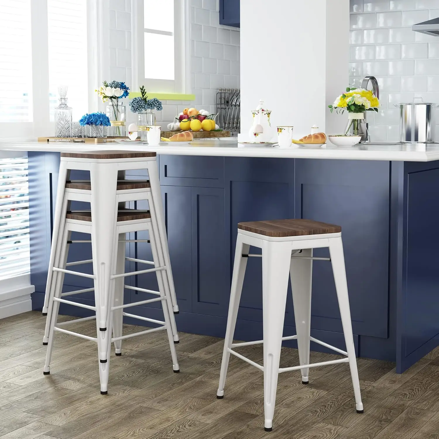 24" Backless Metal Bar Stools Set of 4 Industrial Stackable Counter Height Stools for Kitchen Island Barstools with Wood Seat