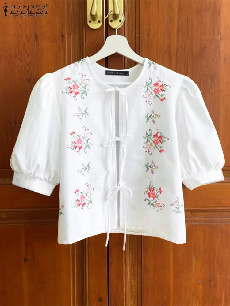 ZANZEA 여름 탑 여성 레이스 업 셔츠 2025 캐주얼 퍼프 슬리브 꽃 무늬 블라우스 빈티지 O 넥 블라우스 여름 OL 작업 튜닉