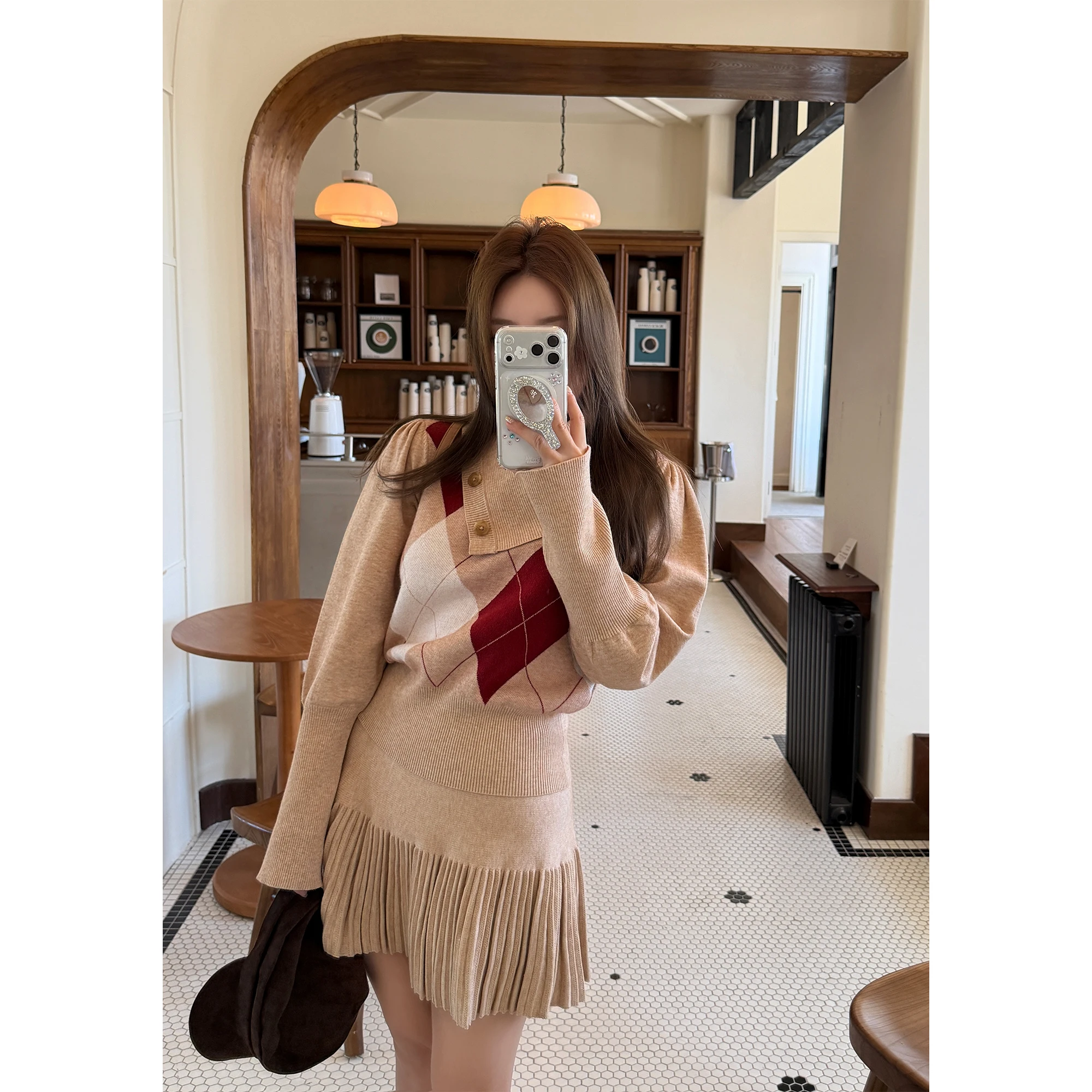 

Женский шерстяной свитер с воротником-стойкой и юбкой с ромбовидным узором, повседневный, приталенный, с длинными рукавами, зимняя модная одежда для ношения под верхней одеждой