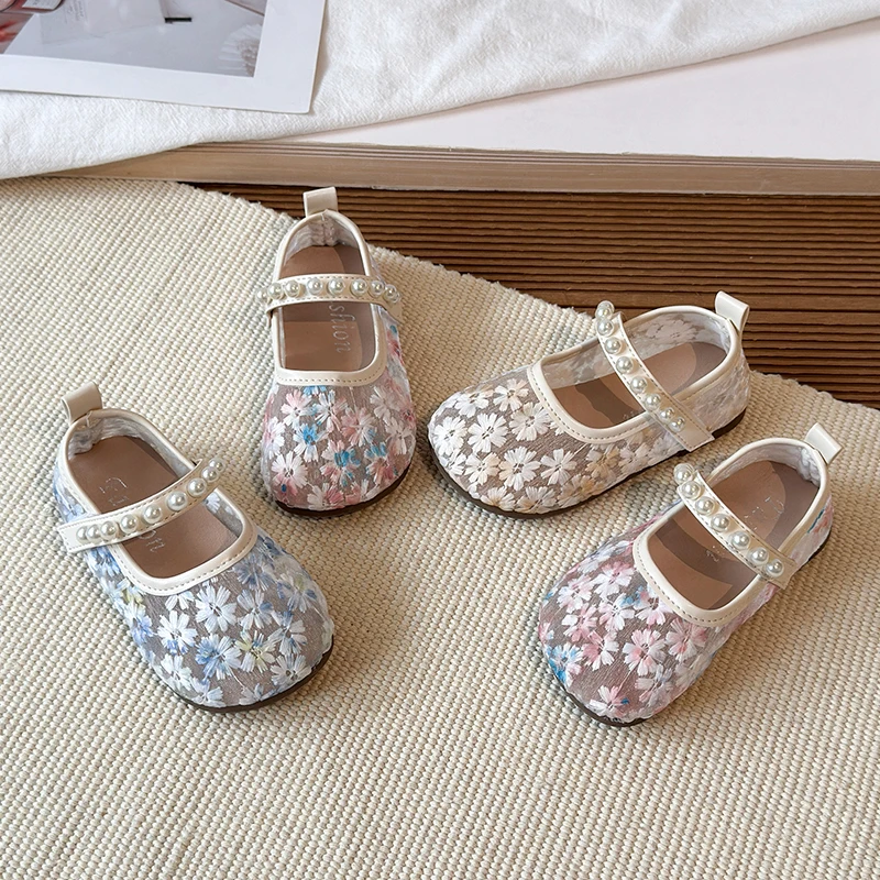 Mumoresip Children Mary Jane Shoes Princess Mesh Embroidered Girls School Flat Shoes for Kids Lolita Pearl Toddlers Ballet Shoes