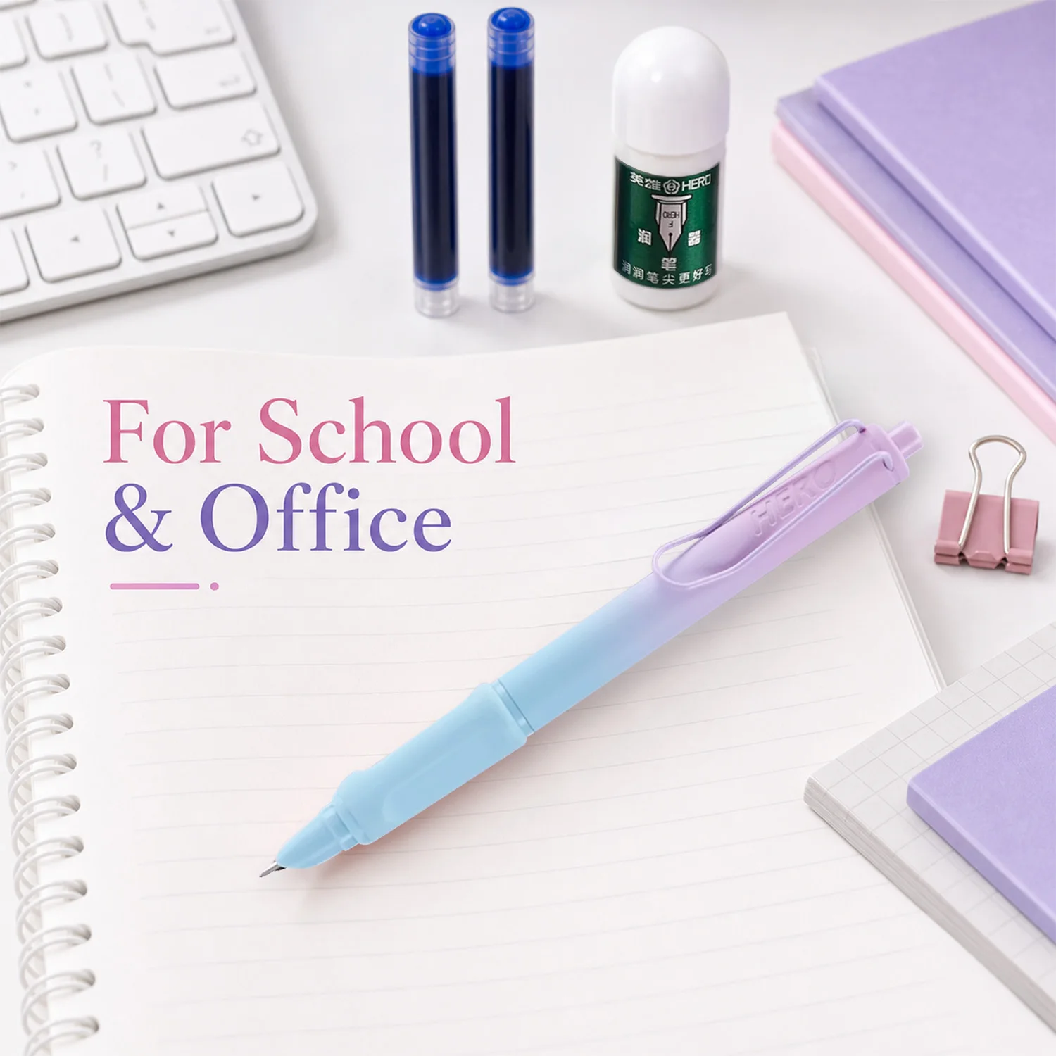Stylo plume rétractable Hero 1356, pointe à écriture fluide, prise en main ergonomique légère, design dégradé de couleurs, adapté aux étudiants