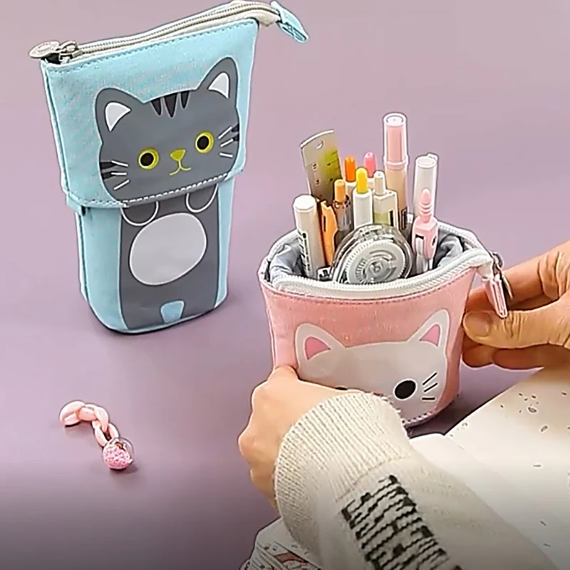 Cute Cat Standing Pencil Case Telescopic Pencil Holder Kawaii Stand Up Pencil Case School Supplies Stationery Children Gift