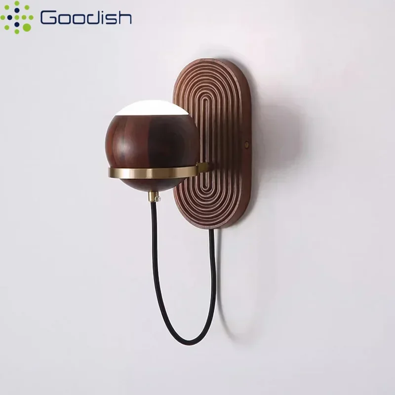 Modern Fashion Walnut Wood Circular Sphere Art Creative Background Lights LED Wall Lamps for Bedroom Home Decoration Chandeliers