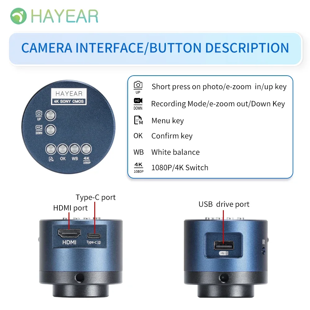 HAYEAR 8MP Ultra HD 4K 1080P USB HDMI output simultaneously Digital Microscope Camera