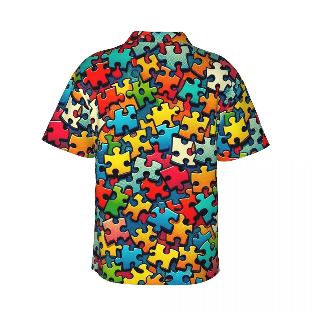 Autism Awareness Colorful Puzzle Piece Print Men's Shirts Hawaiian Short Sleeve Shirt Fashion Lapel Tops for Summer Beach