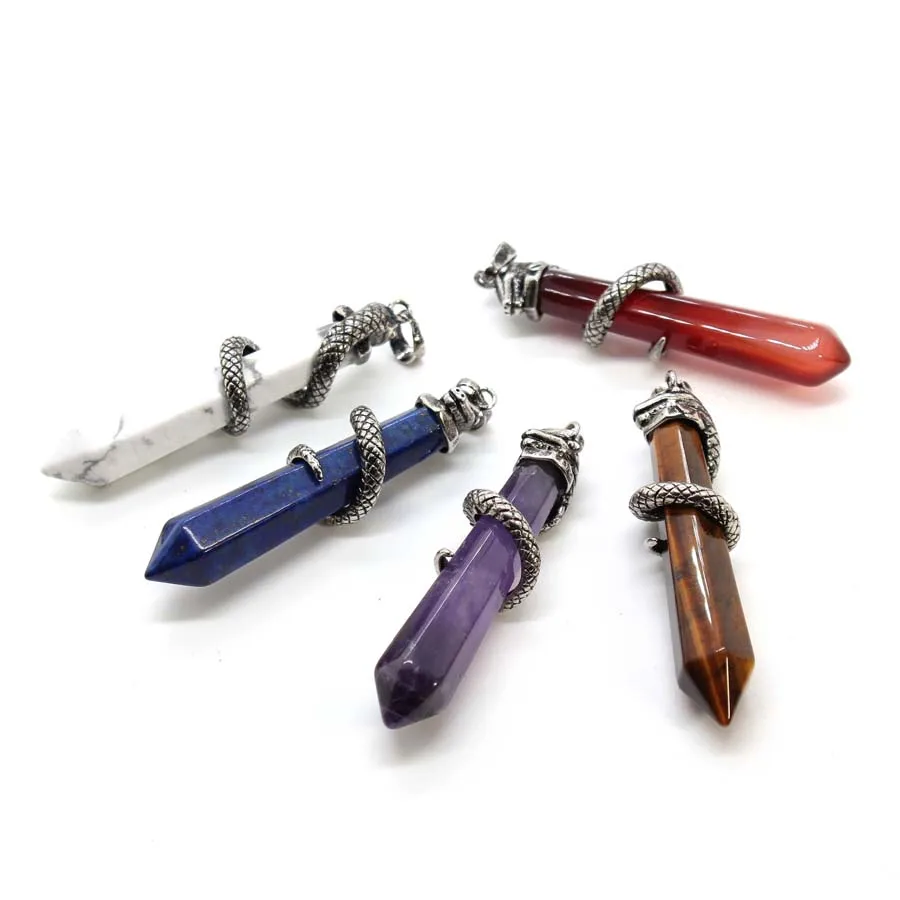 Snake Wrapped Crystal Hexagon Column Stone Pendulum Pendants For Dowsing Divination Natural Amethyst Quartz Opal Pendant Jewelry